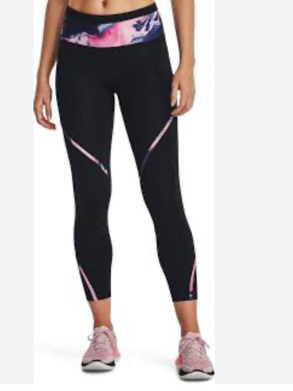 NWT Under Armour run anywhere Black Leggings with Pink & Blue Marble Trim